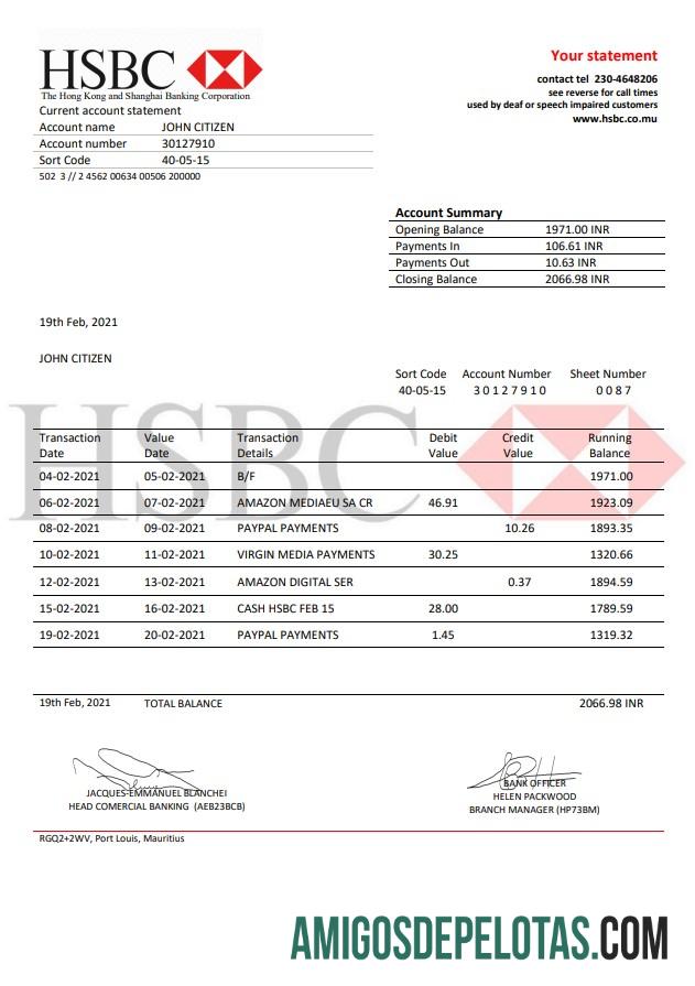 Exemplo de extrato bancário HSBC das Maurícias